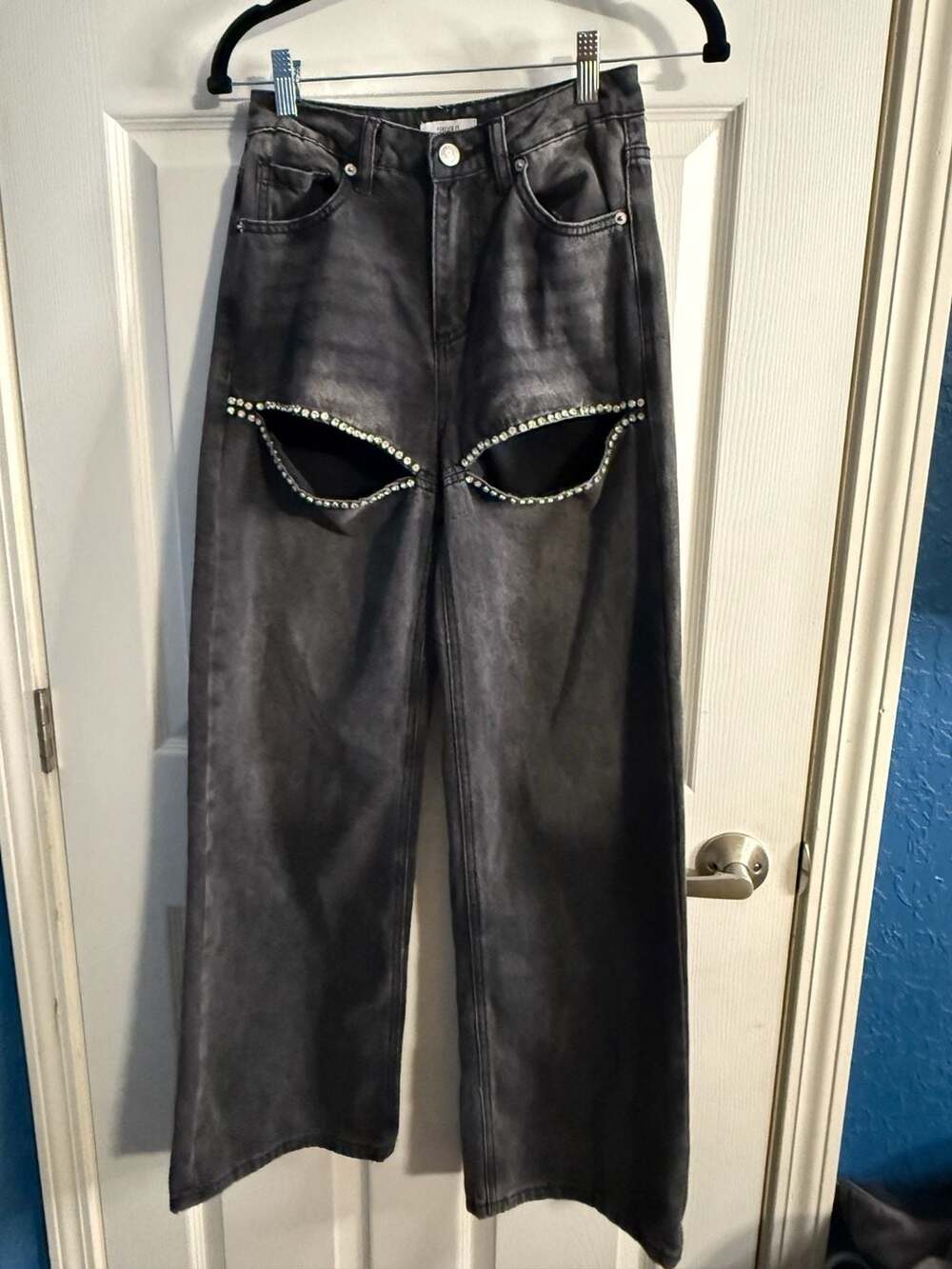 Forever 21 Premium Size 24 High Rise Wide Leg Rhinestone Cutout Jeans Y2K